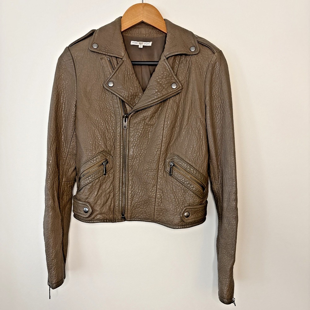 Rebecca Minkoff Stone Wolf Moto‎ Jacket Pebbled Lambskin Leather Zip Brown Small